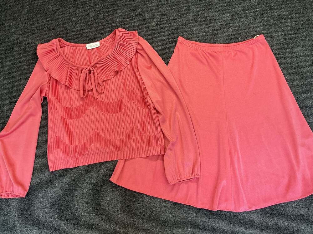 Vintage Sakowitz Pleated Two-Piece Set Pink Blouse and Skirt